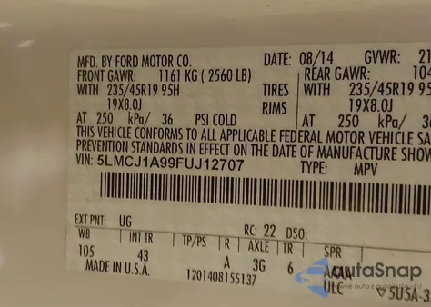 2015 Lincoln Mkc z USA, uszkodzony, nr VIN 5LMCJ1A99FUJ12707